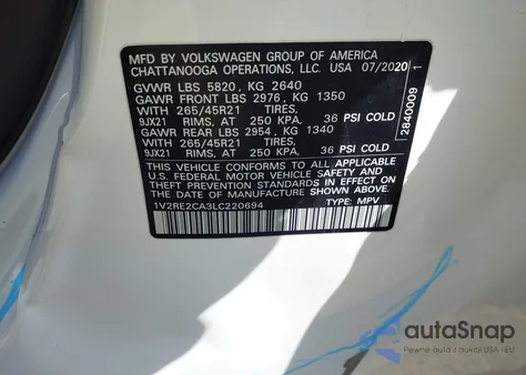 2020 Volkswagen Atlas Cross Sport 3.6L V6 Sel R-Line from USA, damaged, VIN 1V2RE2CA3LC220694